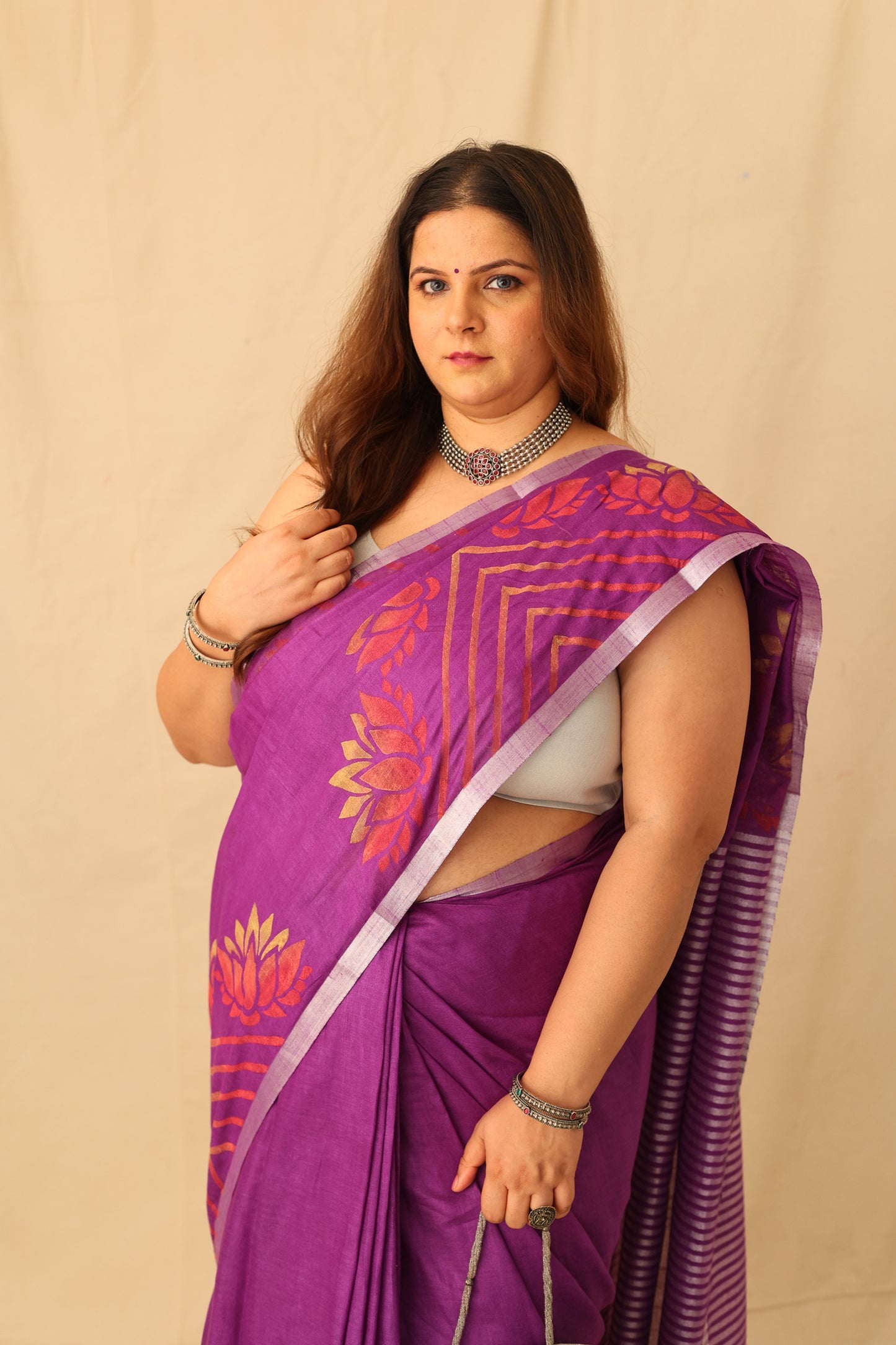 Elegant Purple Colorful Hand-Stencil Printed Pure Slub Cotton Saree