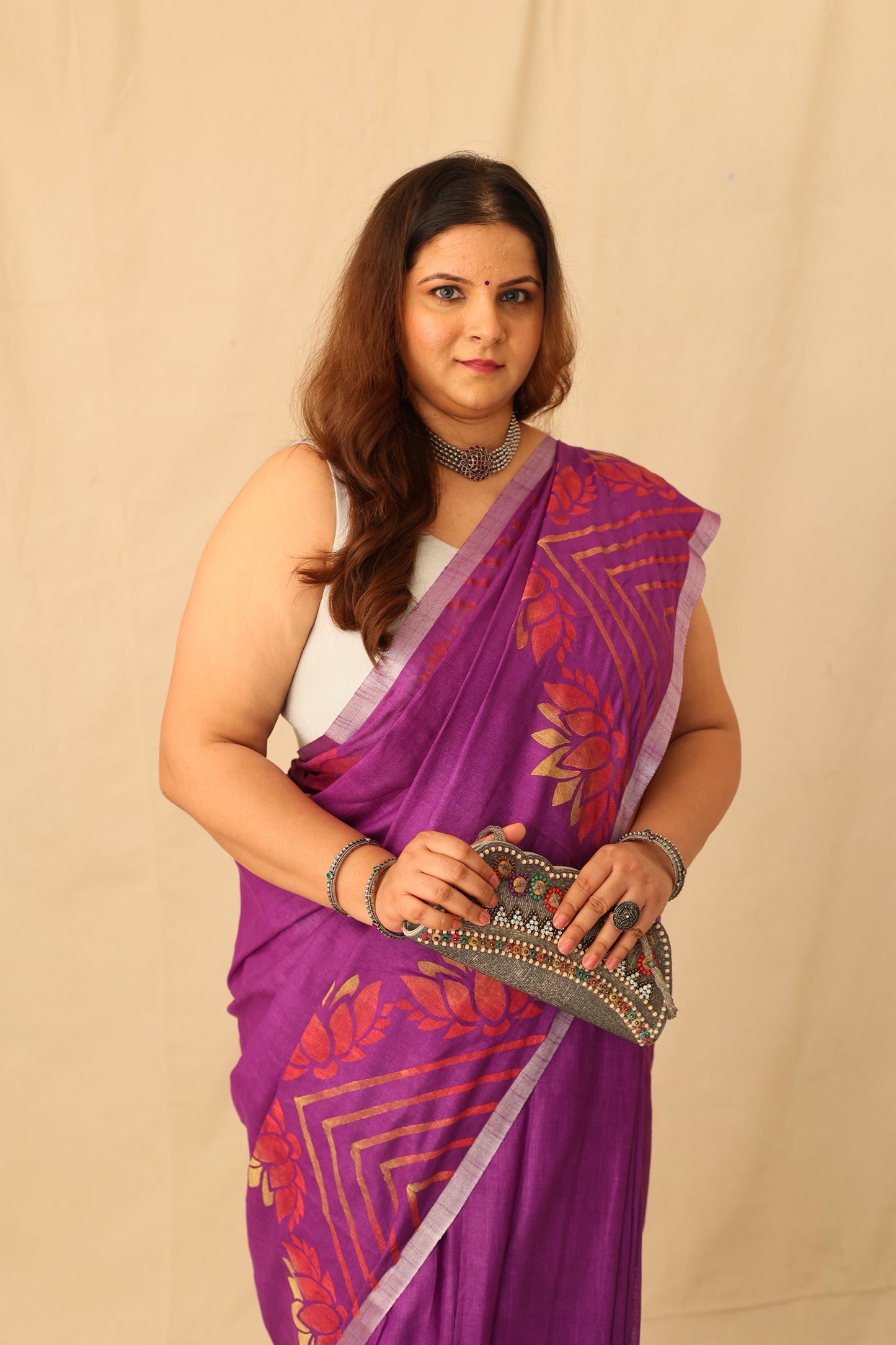 Elegant Purple Colorful Hand-Stencil Printed Pure Slub Cotton Saree