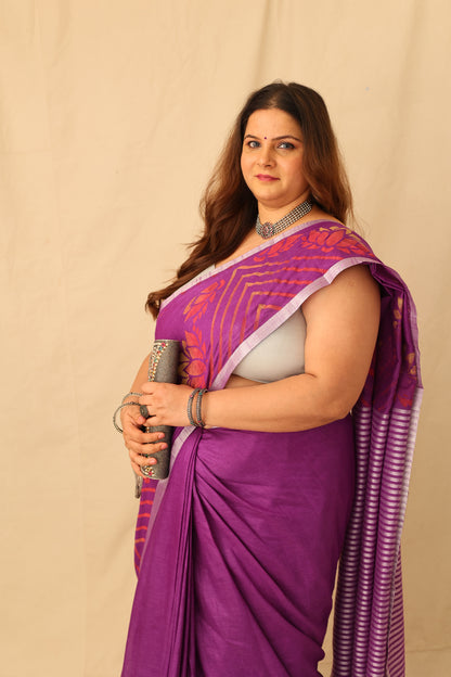 Elegant Purple Colorful Hand-Stencil Printed Pure Slub Cotton Saree