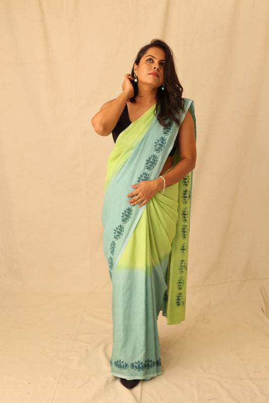 Stylish Lime Ombre Handloom Pure Cotton Saree With Boder Print