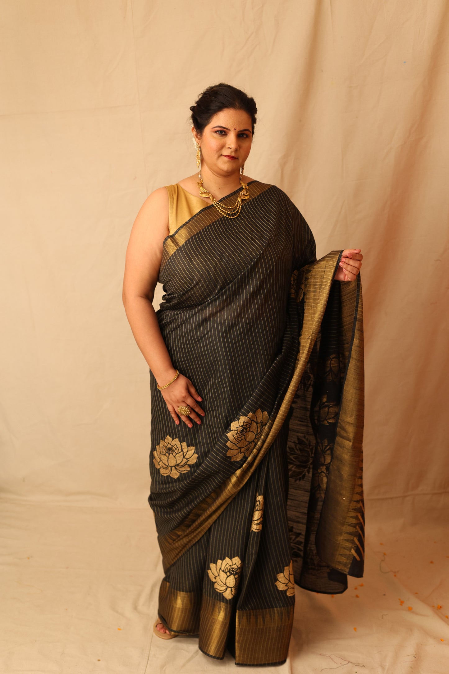 Classic Black and Gold Semi-Silk Hand-Stencil Printed Saree