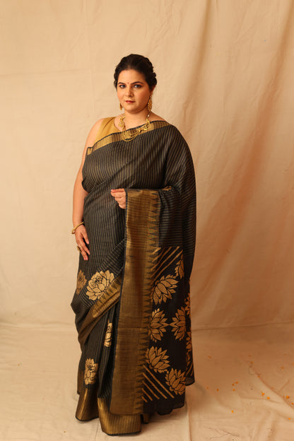 Classic Black and Gold Semi-Silk Hand-Stencil Printed Saree