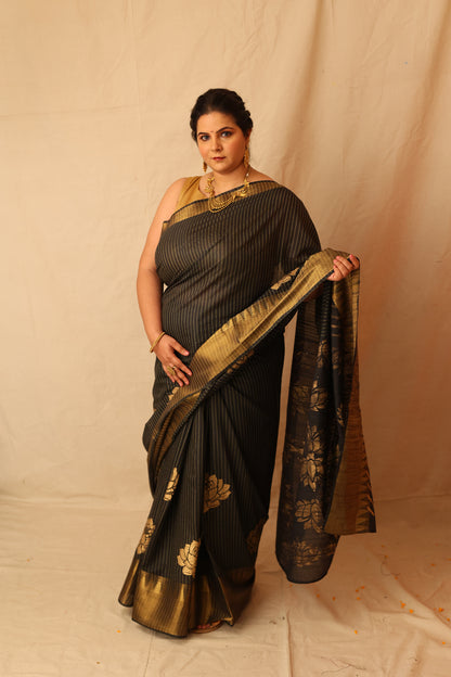 Classic Black and Gold Semi-Silk Hand-Stencil Printed Saree