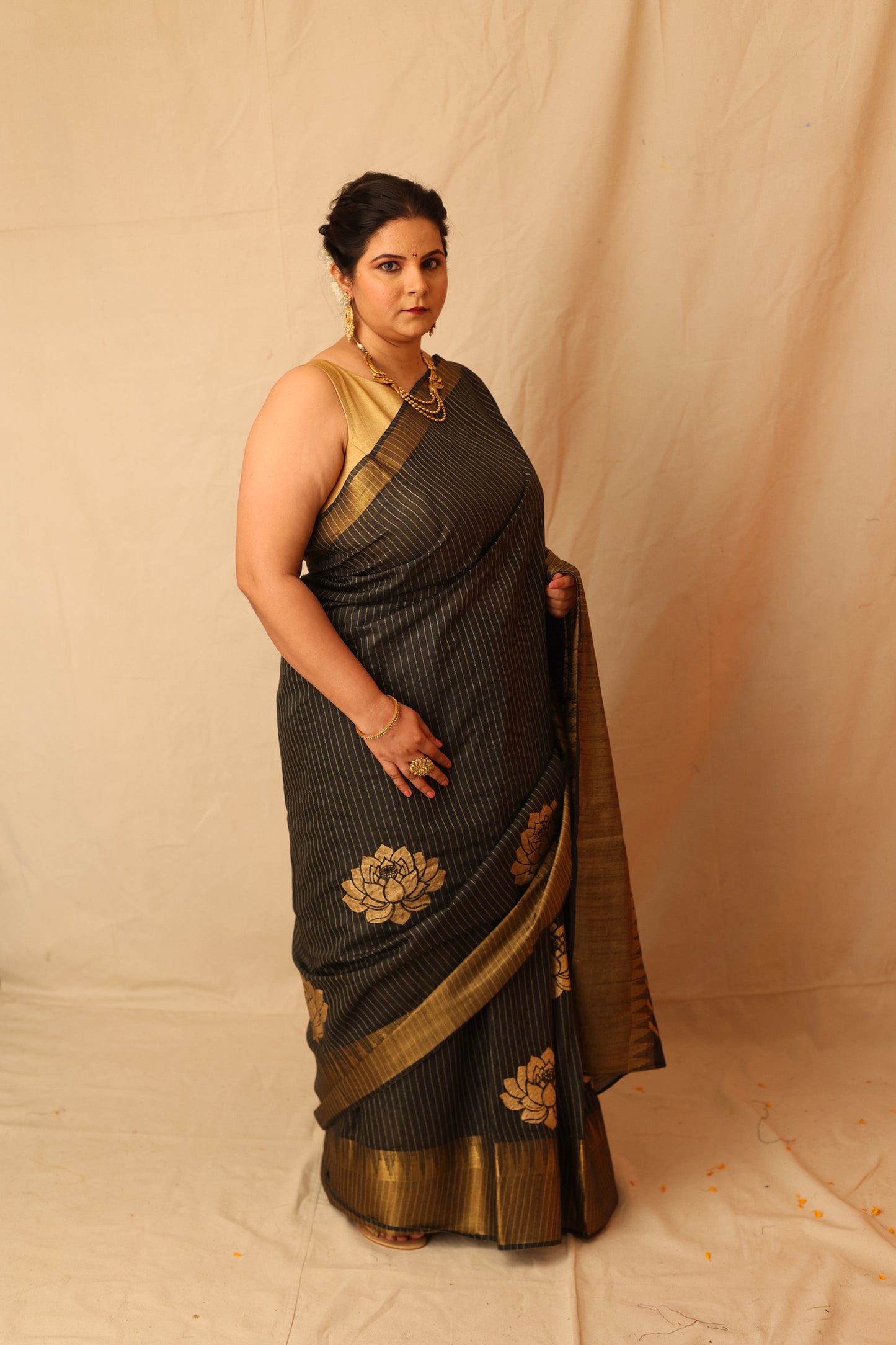 Classic Black and Gold Semi-Silk Hand-Stencil Printed Saree