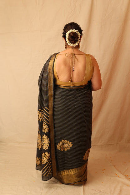 Classic Black and Gold Semi-Silk Hand-Stencil Printed Saree