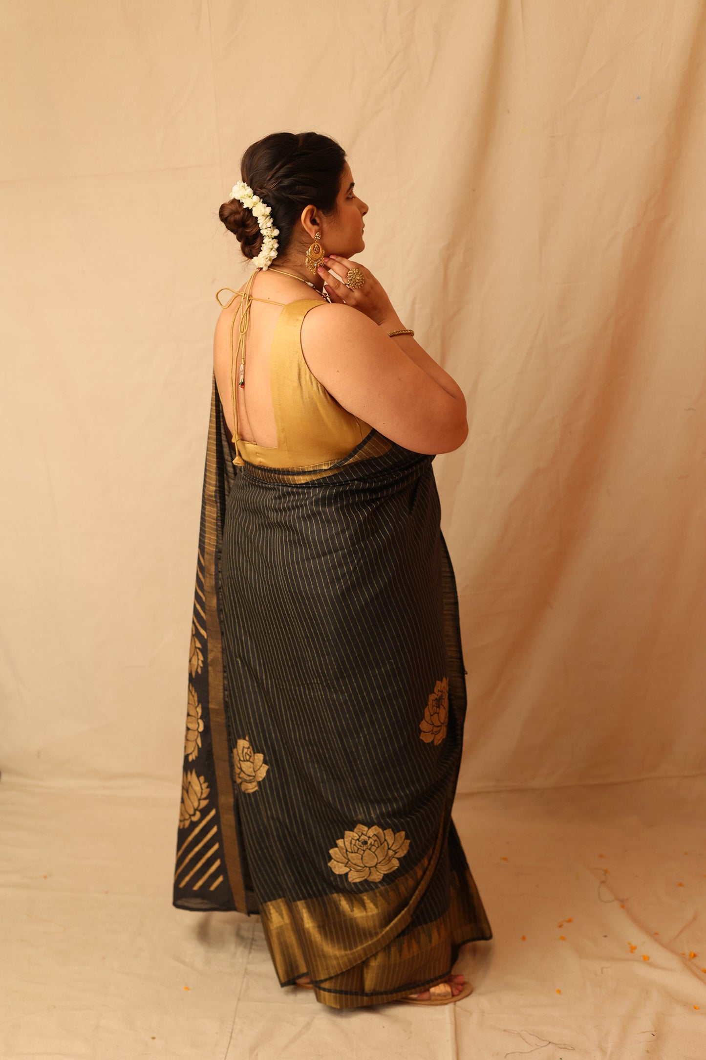 Classic Black and Gold Semi-Silk Hand-Stencil Printed Saree