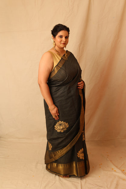 Classic Black and Gold Semi-Silk Hand-Stencil Printed Saree