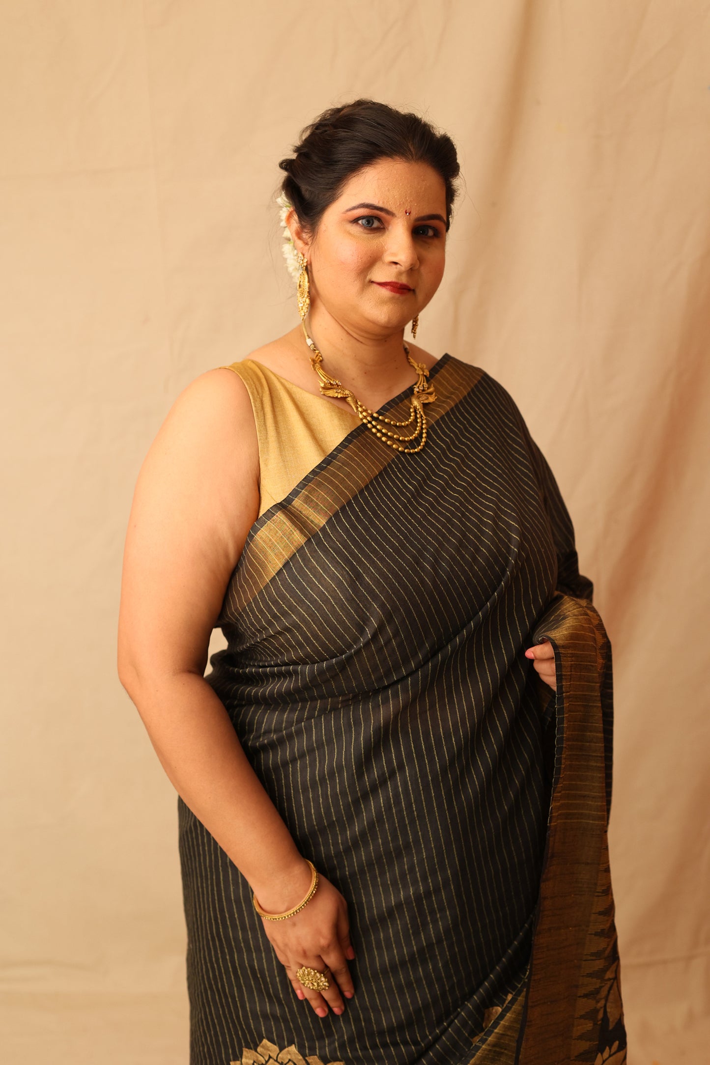 Classic Black and Gold Semi-Silk Hand-Stencil Printed Saree