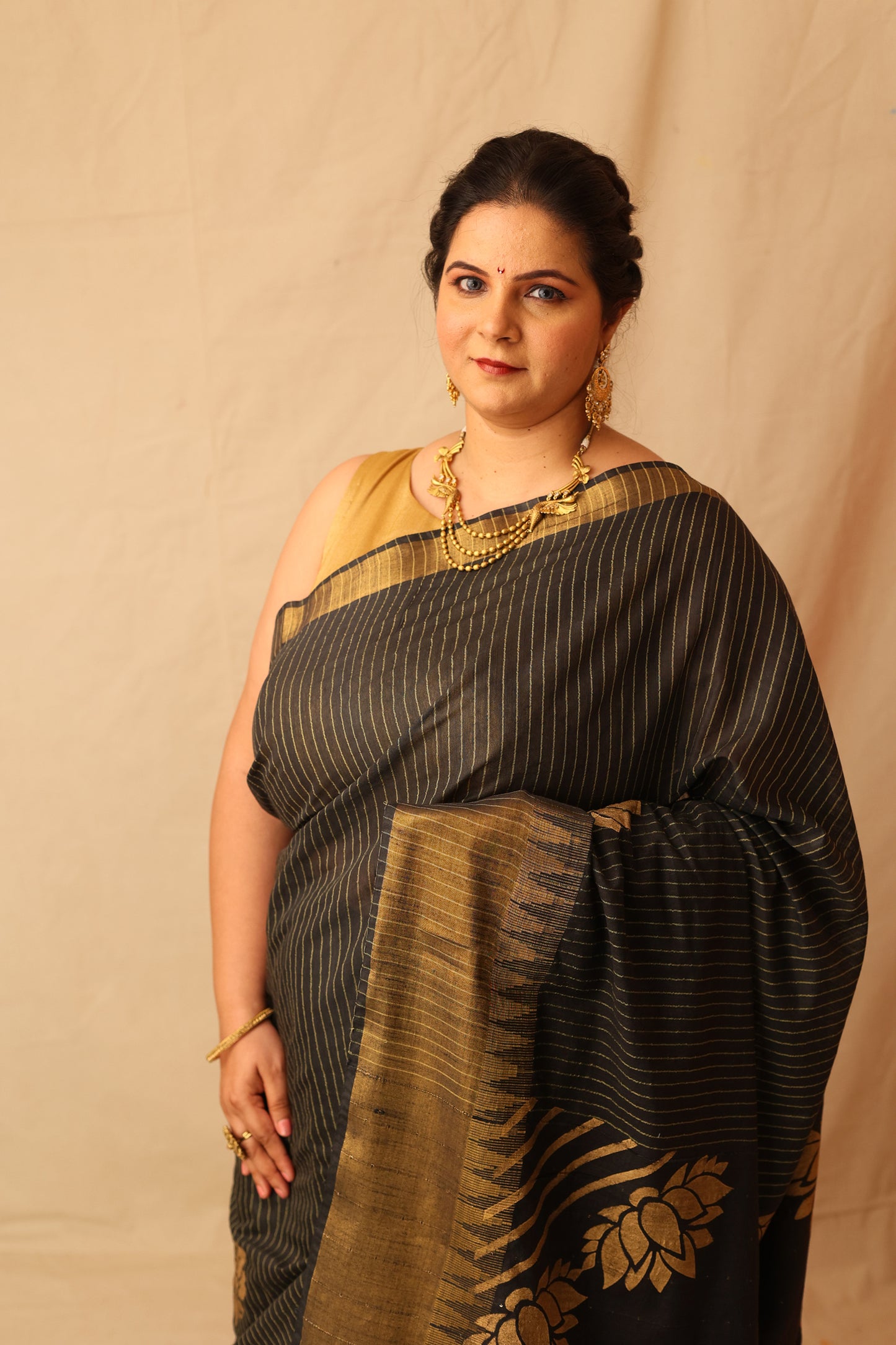 Classic Black and Gold Semi-Silk Hand-Stencil Printed Saree