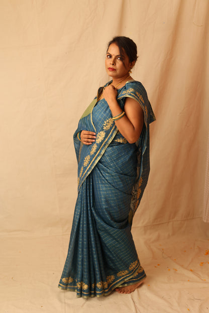 Traditional and Festive Green Semi-Silk Saree with Zari Checks Design