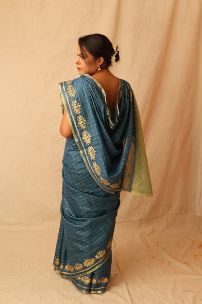 Traditional and Festive Green Semi-Silk Saree with Zari Checks Design