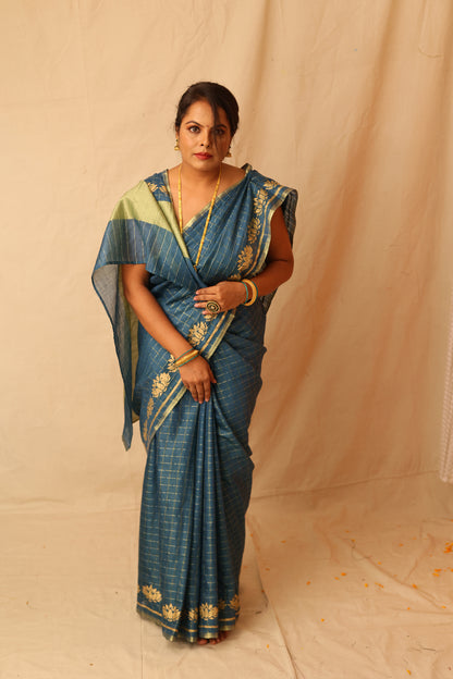 Traditional and Festive Green Semi-Silk Saree with Zari Checks Design