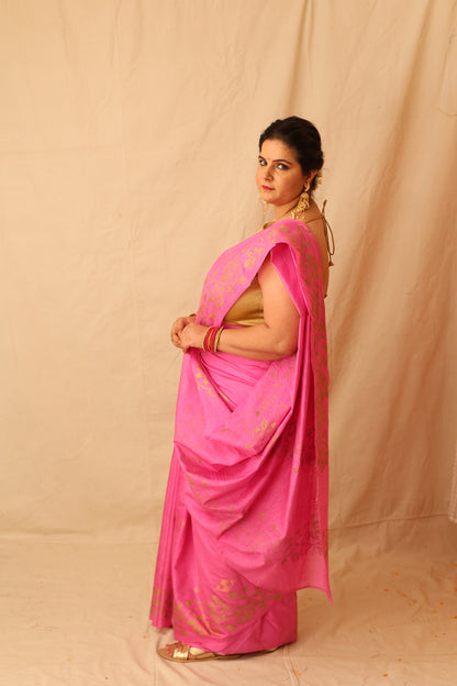 Fresh and Festive Lilac Semi Silk Saree with Delicate Lotus Border Print