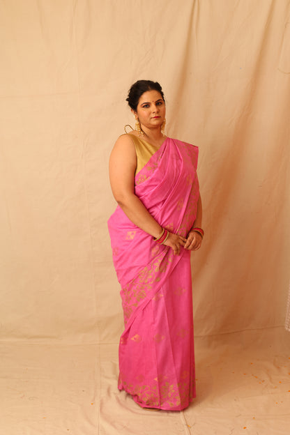 Fresh and Festive Lilac Semi Silk Saree with Delicate Lotus Border Print