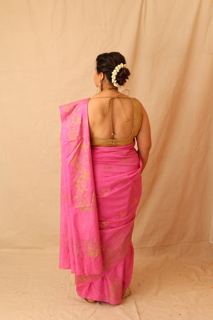 Fresh and Festive Lilac Semi Silk Saree with Delicate Lotus Border Print