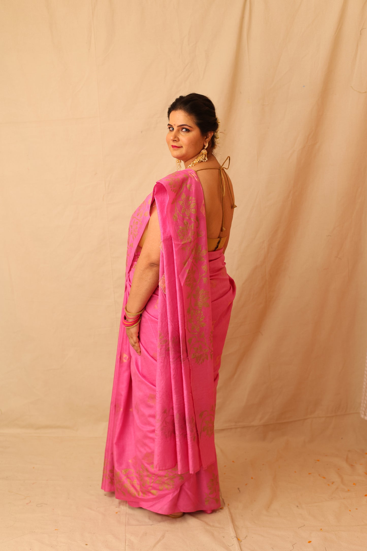 Fresh and Festive Lilac Semi Silk Saree with Delicate Lotus Border Print