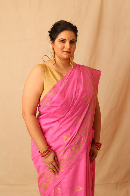 Fresh and Festive Lilac Semi Silk Saree with Delicate Lotus Border Print