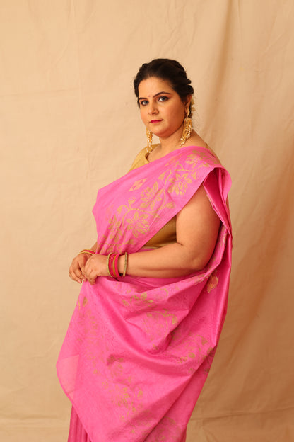 Fresh and Festive Lilac Semi Silk Saree with Delicate Lotus Border Print