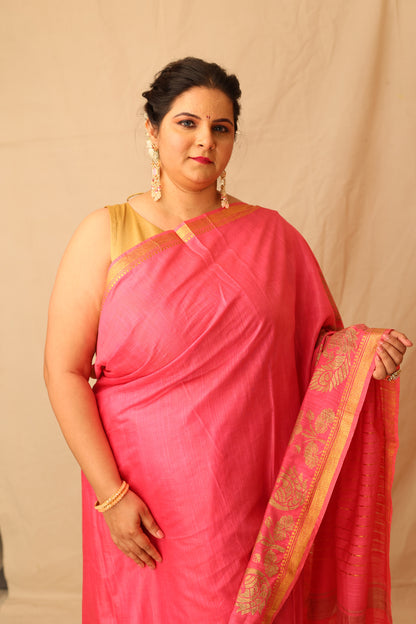 Mesmerizing Pink Semi-Silk Saree with Gold Lotus & Peacock Border Print