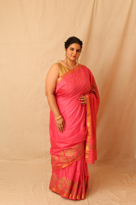 Mesmerizing Pink Semi-Silk Saree with Gold Lotus & Peacock Border Print