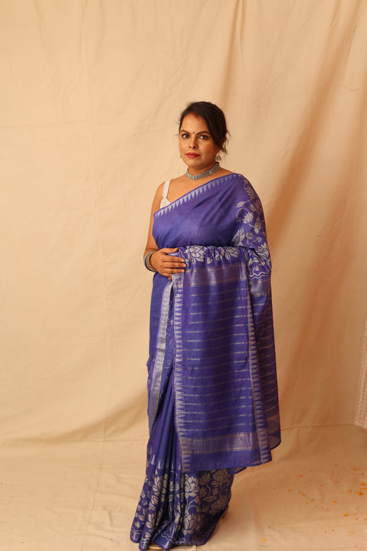 Gorgeous Silver Lotus Hand-Stencil Printed  Blue Semi-Silk Saree