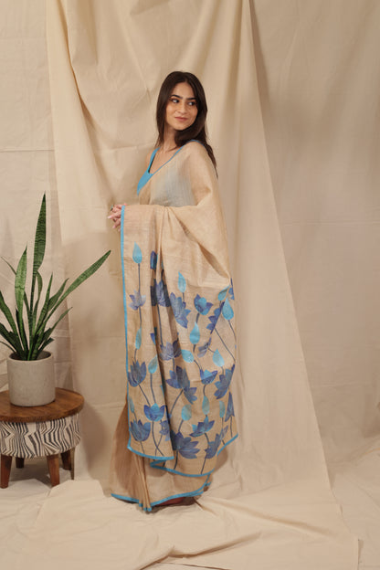 Blue Lotus Bloom Hand-painted Handloom Tussar Saree