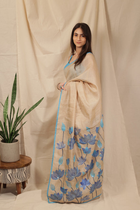 Blue Lotus Bloom Hand-painted Handloom Tussar Saree