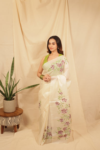 Floral Elegance Hand painted Tussar Saree