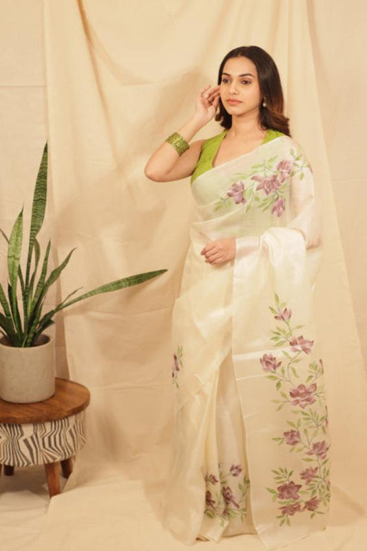 Floral Elegance Hand painted Tussar Saree