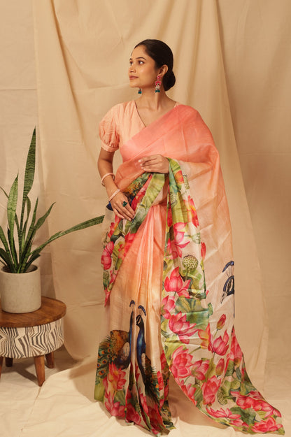 Lotus & Peacock Symphony Saree