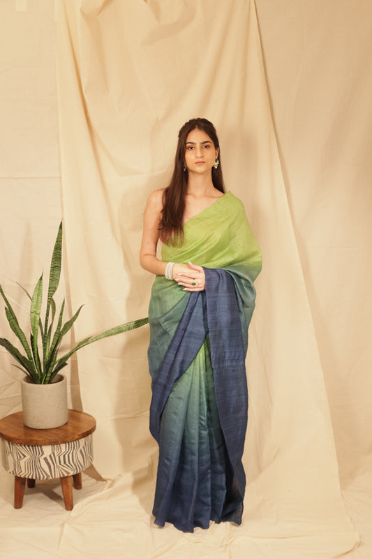 Elegant Lime Ombre Handloom Tussar Silk Saree