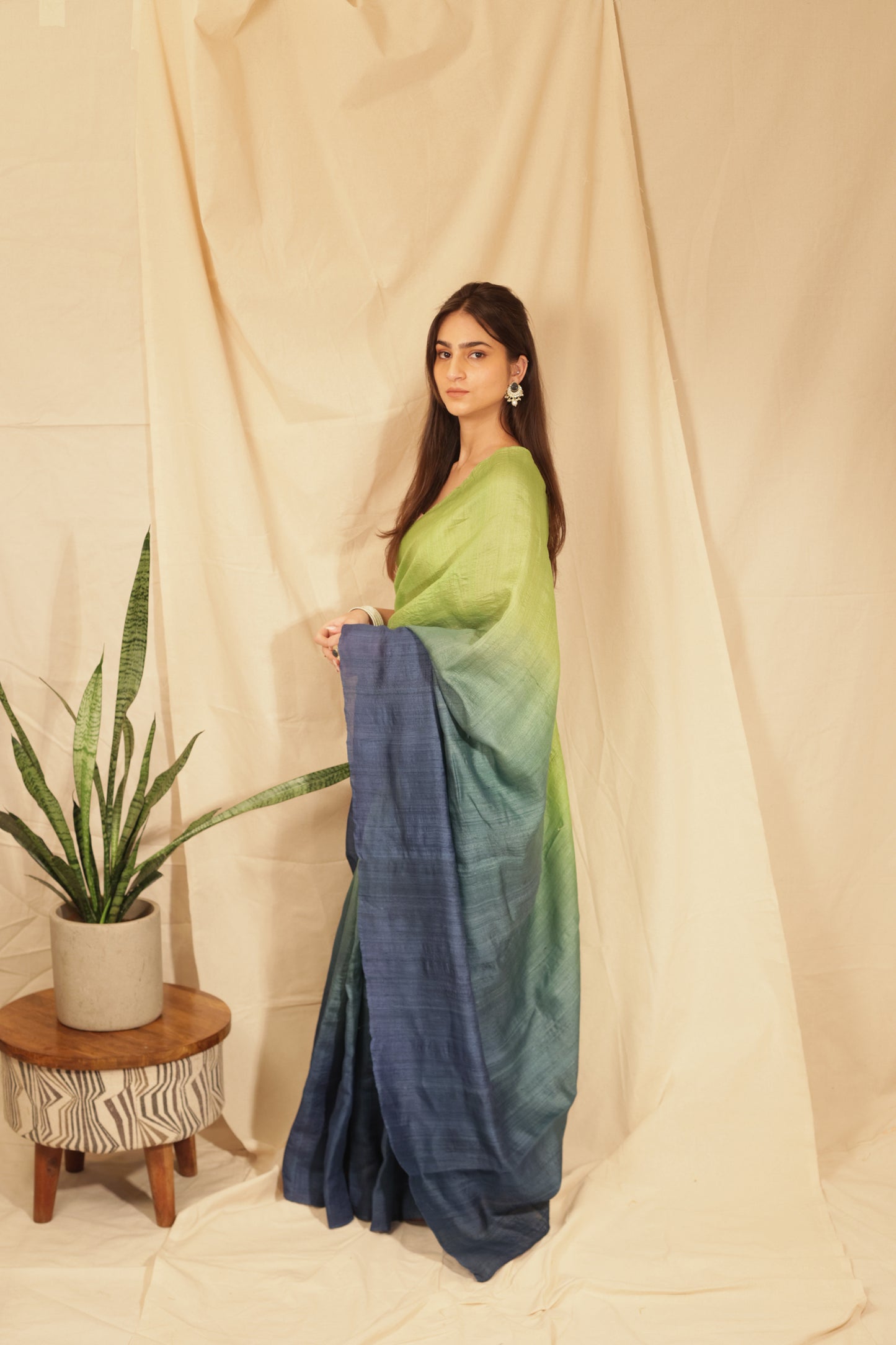 Elegant Lime Ombre Handloom Tussar Silk Saree