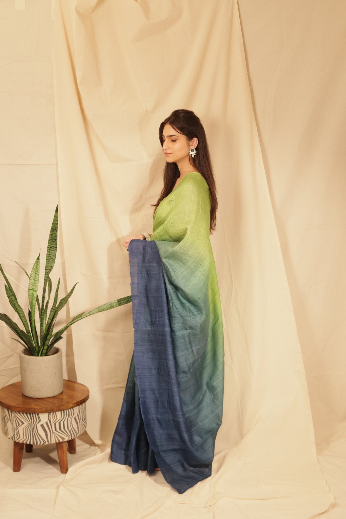 Elegant Lime Ombre Handloom Tussar Silk Saree