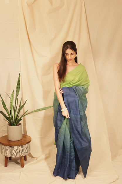 Elegant Lime Ombre Handloom Tussar Silk Saree