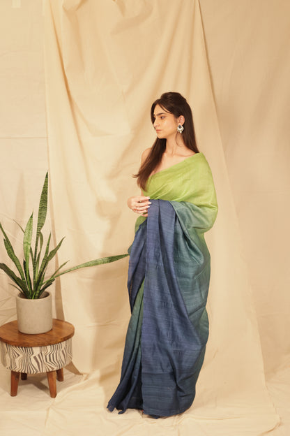 Elegant Lime Ombre Handloom Tussar Silk Saree