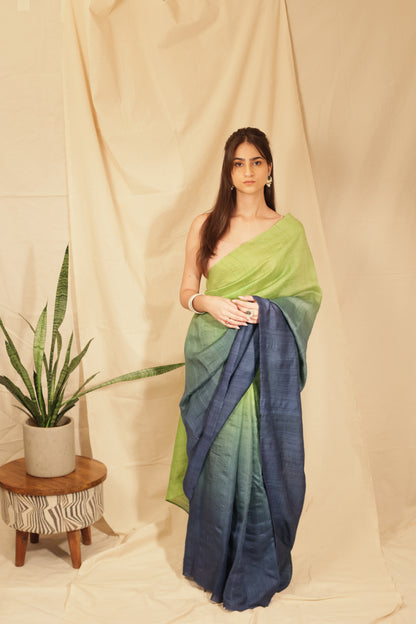 Elegant Lime Ombre Handloom Tussar Silk Saree