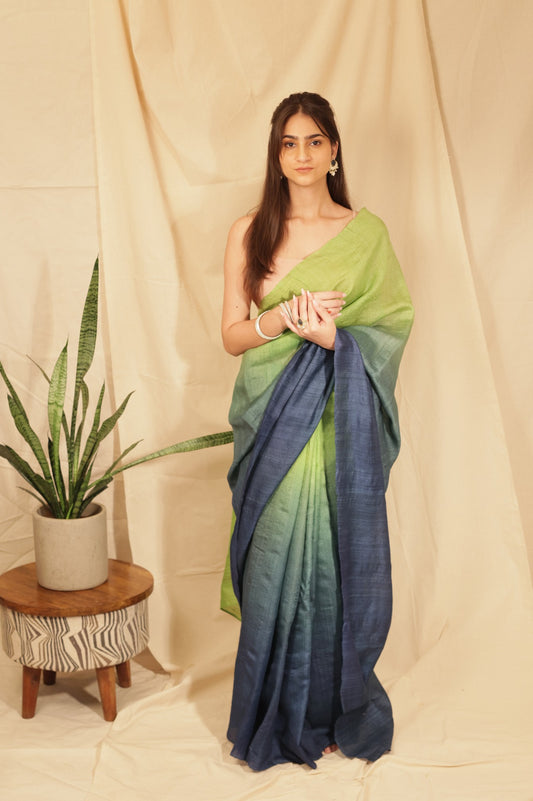 Elegant Lime Ombre Handloom Tussar Silk Saree