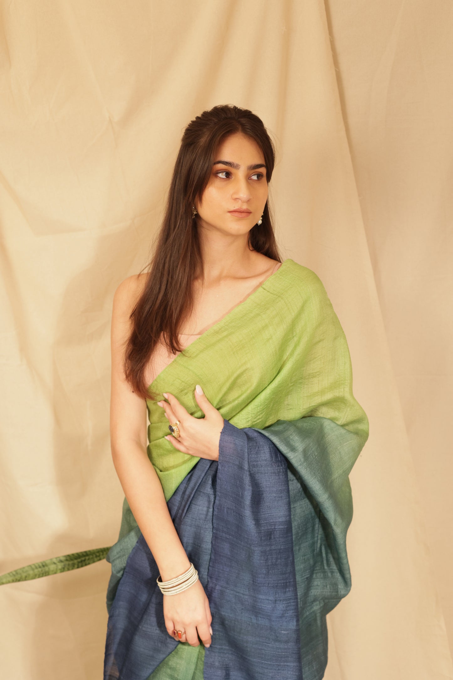 Elegant Lime Ombre Handloom Tussar Silk Saree