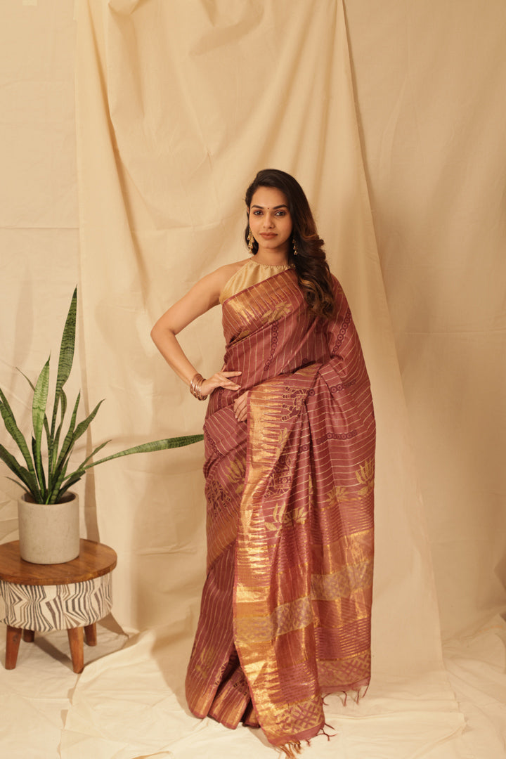 Elegant Gold Lotus Silk Saree