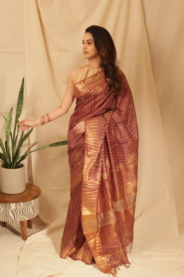 Elegant Gold Lotus Silk Saree