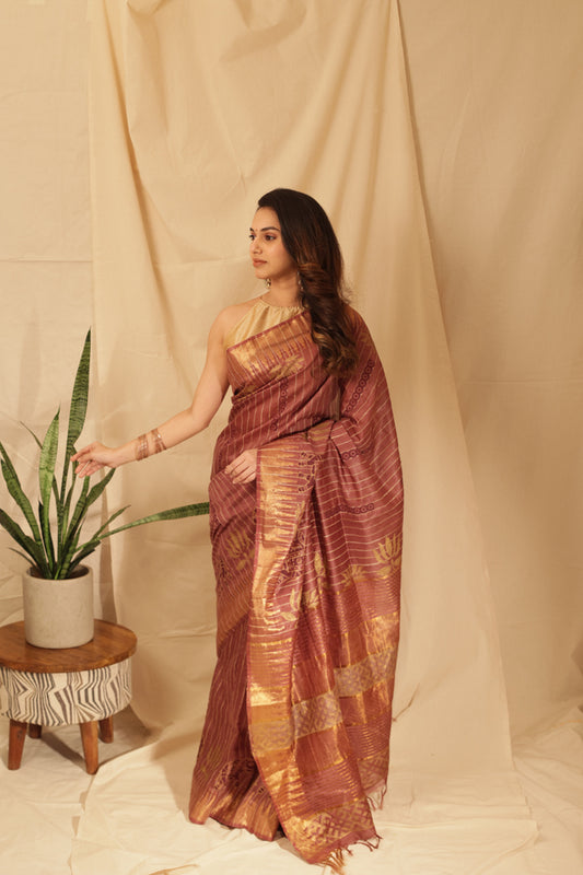 Elegant Gold Lotus Silk Saree