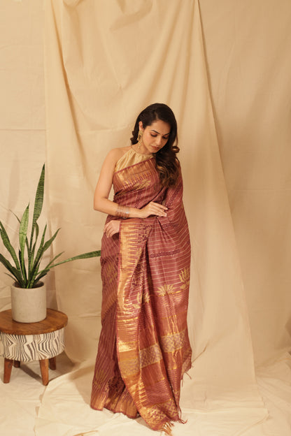 Elegant Gold Lotus Silk Saree