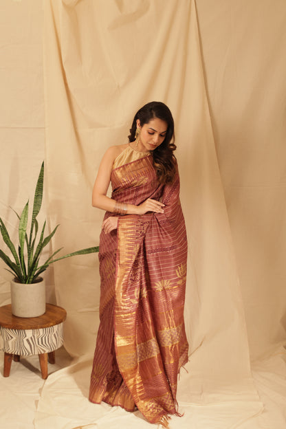 Elegant Gold Lotus Silk Saree