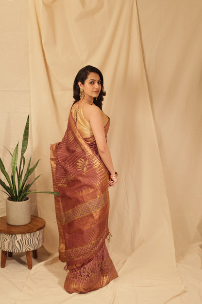 Elegant Gold Lotus Silk Saree