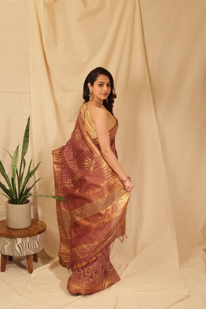 Elegant Gold Lotus Silk Saree