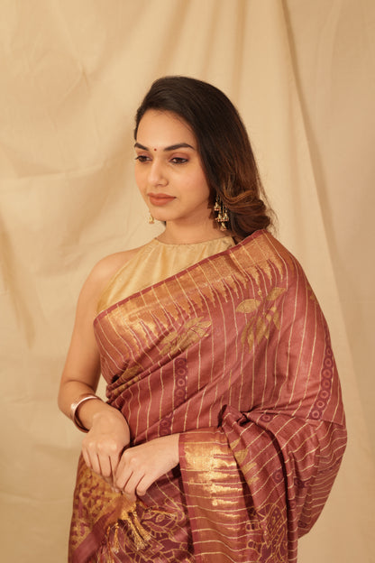 Elegant Gold Lotus Silk Saree