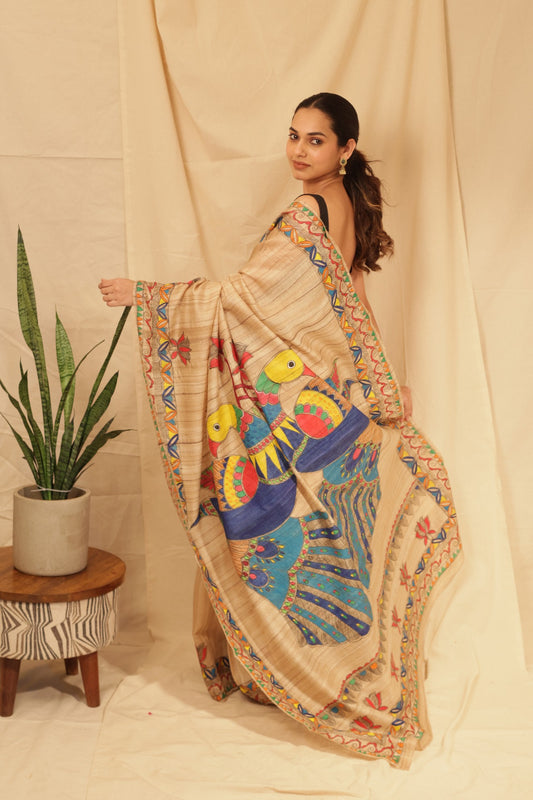 Handloom Tussar Silk Madhubani Hand Painted Saree