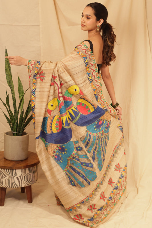 Handloom Tussar Silk Hand Painted Saree