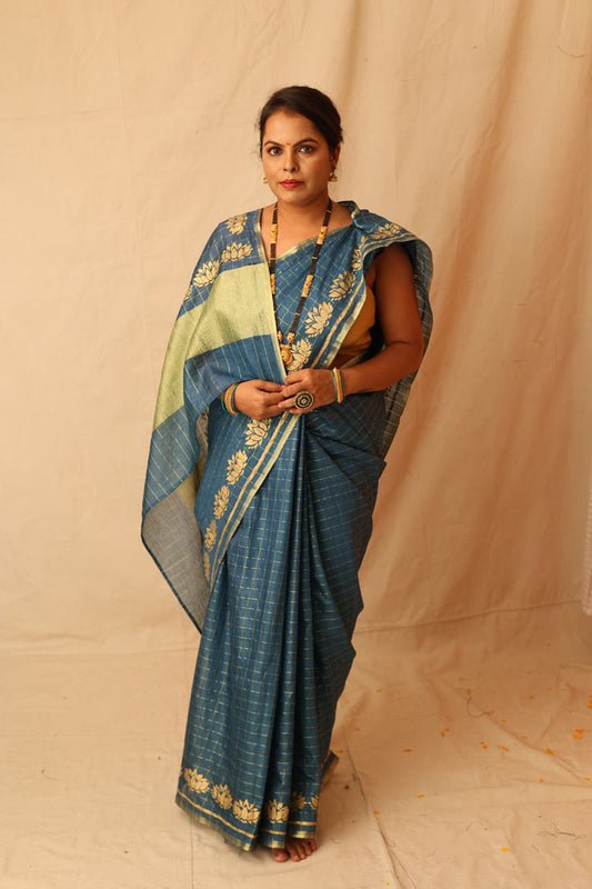 Traditional and Festive Green Semi-Silk Saree with Zari Checks Design