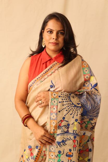 Beautiful Warli hand painted handloom pure silk saree